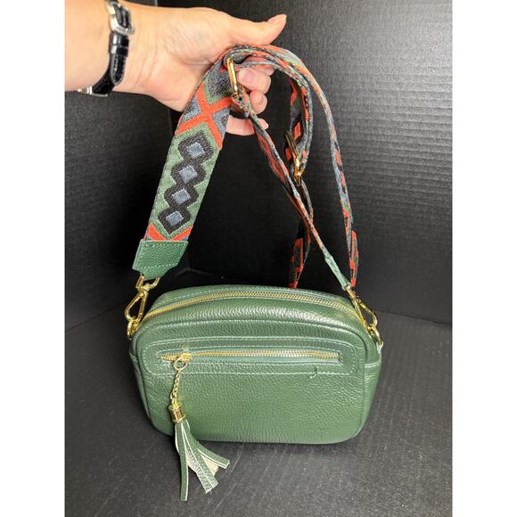 Borse In Pelle Italian Dark Green Pebbled Leather Crossbody Bag w/Guitar Strap - Picture 2 of 12